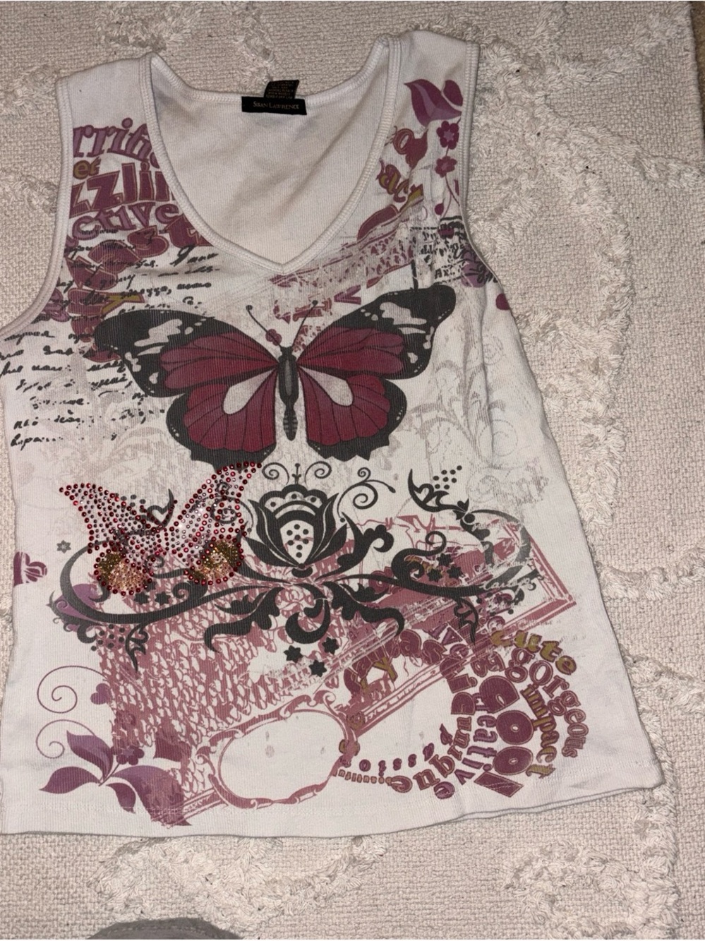 Susan Lawrence White Tank Top with Pink and Black Butterfly Print